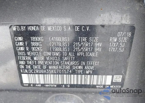 2019 Honda Hr-V Lx from USA, damaged, VIN 3CZRU6H35KG701574